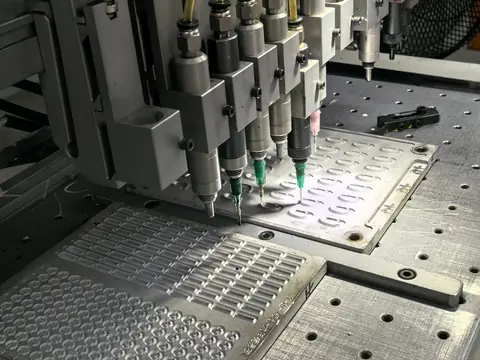 Multi-nozzle dispensing head laying beads of coloured silicone into an aluminium mould cavity.