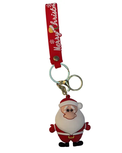 PVC Santa Claus keyring with a printed silicone strap and a split ring, front view on white