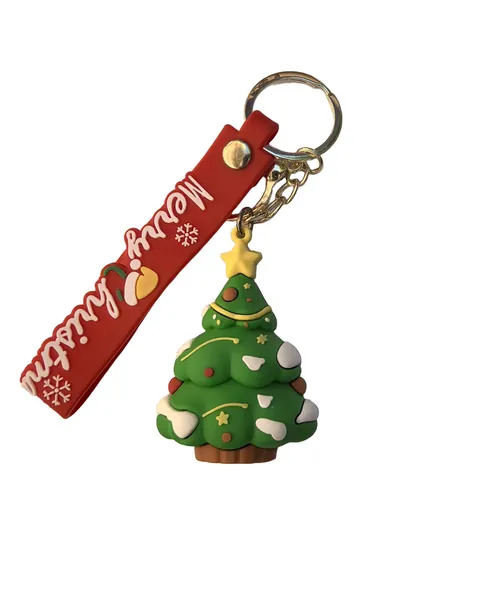 Layered Christmas tree PVC charm with a star topper, hung from a red Merry Christmas strap