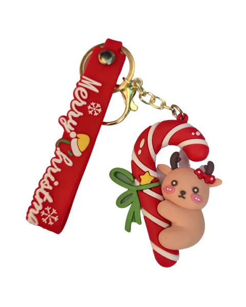 Candy cane PVC charm with a small reindeer figure and green ribbon, on a red Christmas strap