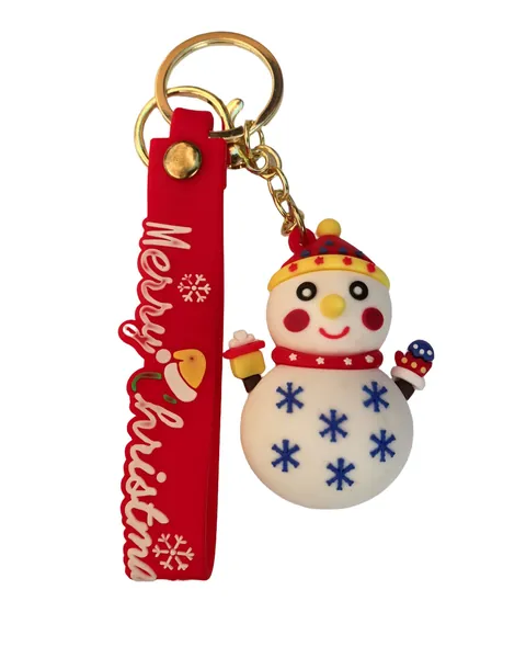 Snowman PVC charm with a knitted hat, scarf and two-colour snowflake print, on a red strap